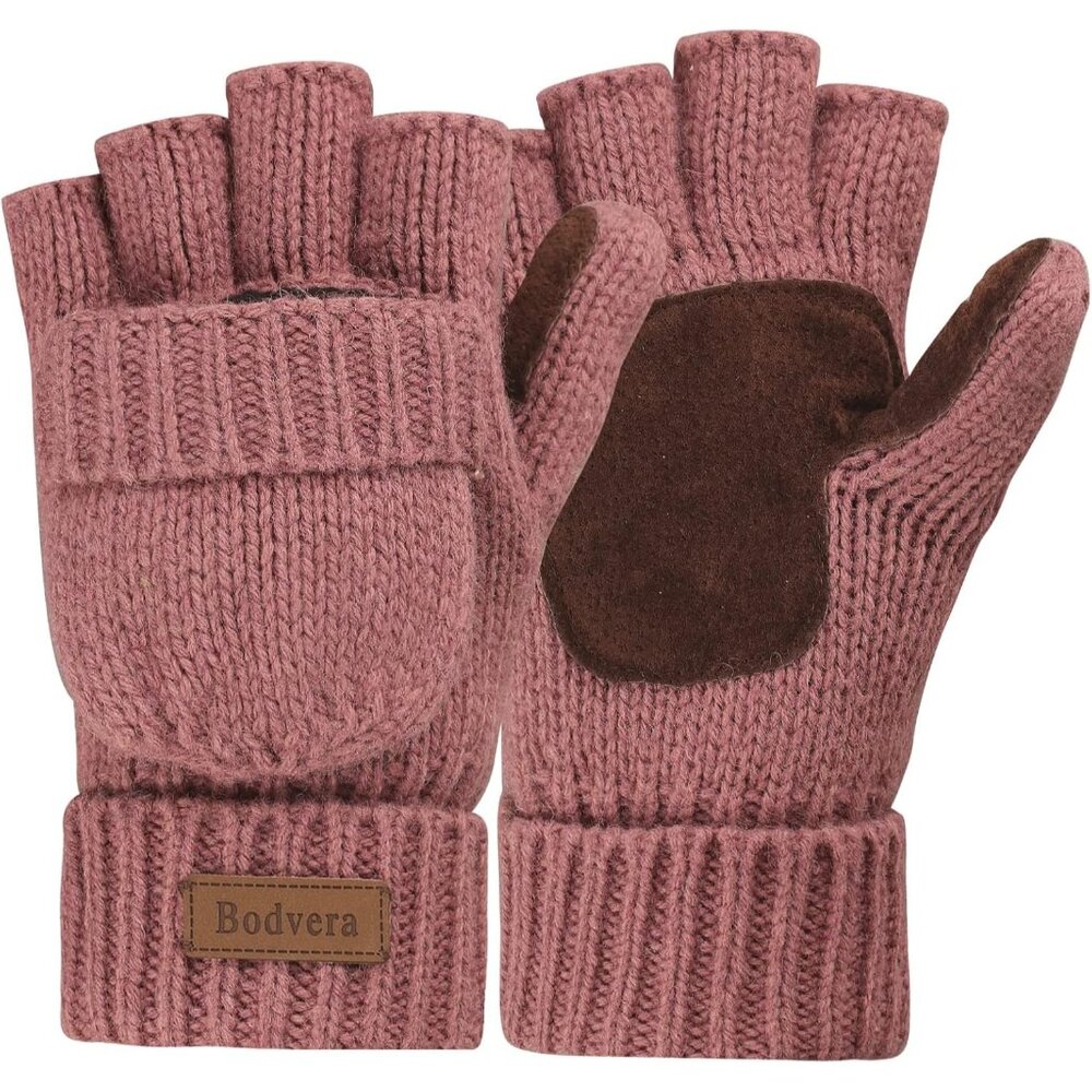 Women's Pink Thermal Wool Winter Warm Fingerless Knitted Mittens Flap Gloves